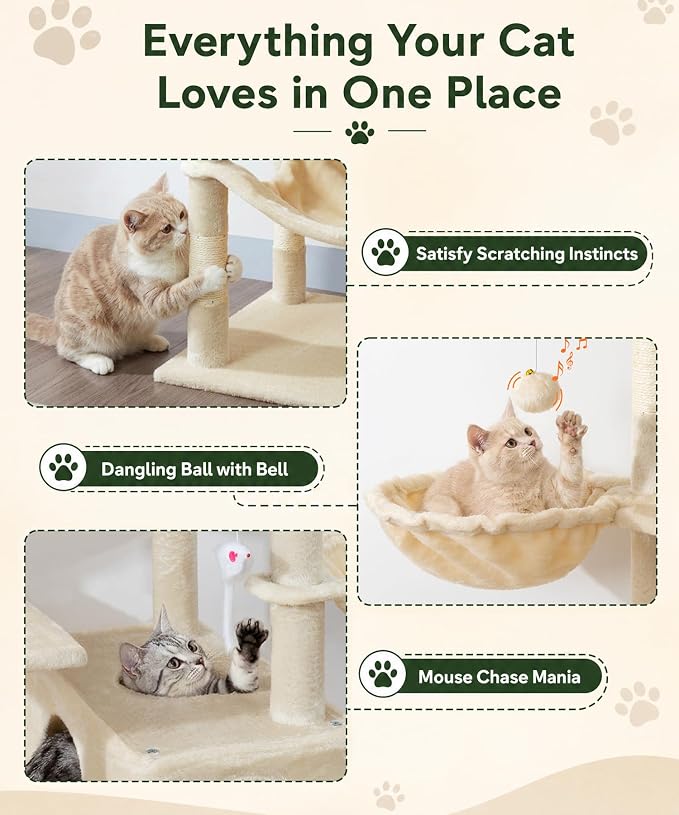 AMHANCIBLE 70 Inch Cat Tree for Large Cats, Multi-Level Cat Tower | Cat Houses & Tree Tower with 2 Condos, 8 Sisal Posts & Hammock for Indoor Cats Large Adult, Beige