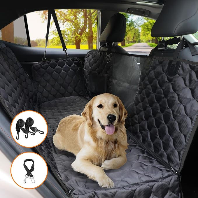 PETICON Dog Car Seat Cover for Back Seat, Waterproof Dog Hammock for Pets | Zippered Design Allows Passenger Seat Access, Mesh Window for Pet View, 600D Oxford, Prevents Scratches, Hair, Mud, and Dirt
