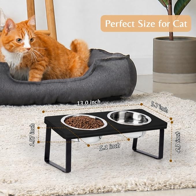 Elevated Cat Food Bowl for Indoor Cat, Black Raised Water Bowl Set for Pet | Whisker Friendly, Anti Vomit, Feeding Station for Puppy, Stainless Steel, Pet Dish, Easy Assembly, Bamboo, Dishwashers Safe
