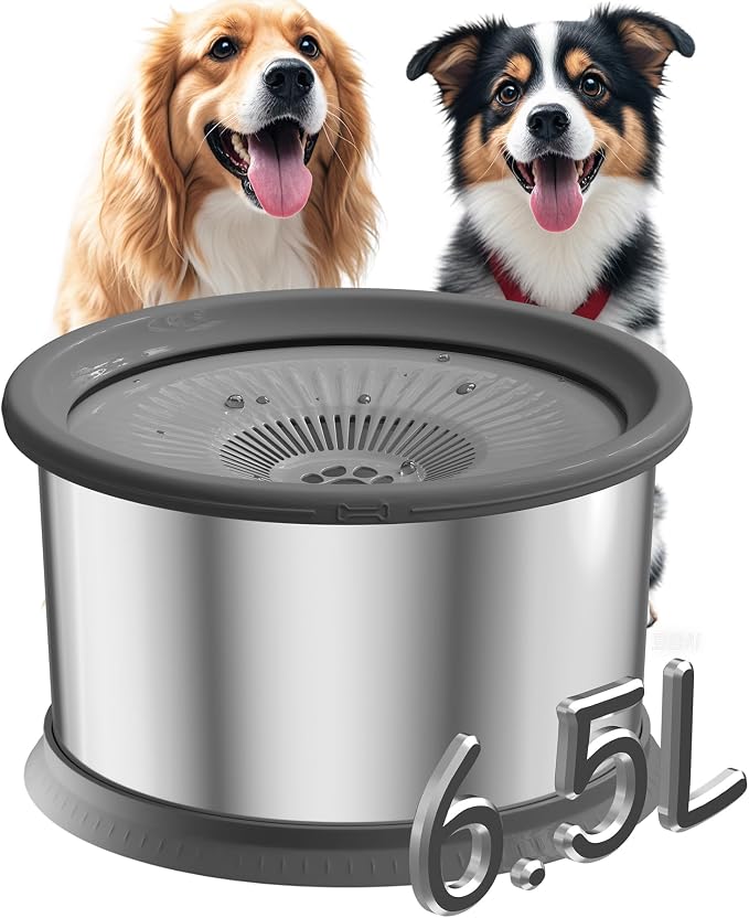 6.5L Dog Water Bowl No Spill 1.6 Gallon Stainless Steel Water Bowl for Dogs 220oz Large Capacity No Splash Slow Drinking Feeder with Anti-Slip Mat for Messy Drinkers 6.5L+2 Filters