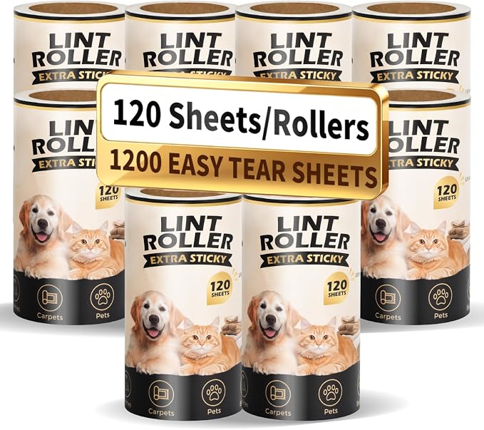 Extra Sticky Lint Roller Refills for Pet Hair Removal, 10 Rolls | No handle included. 10 rolls, 120 easy-tear sheets each, 1,200 total for dog and cat hair on clothes and furniture.
