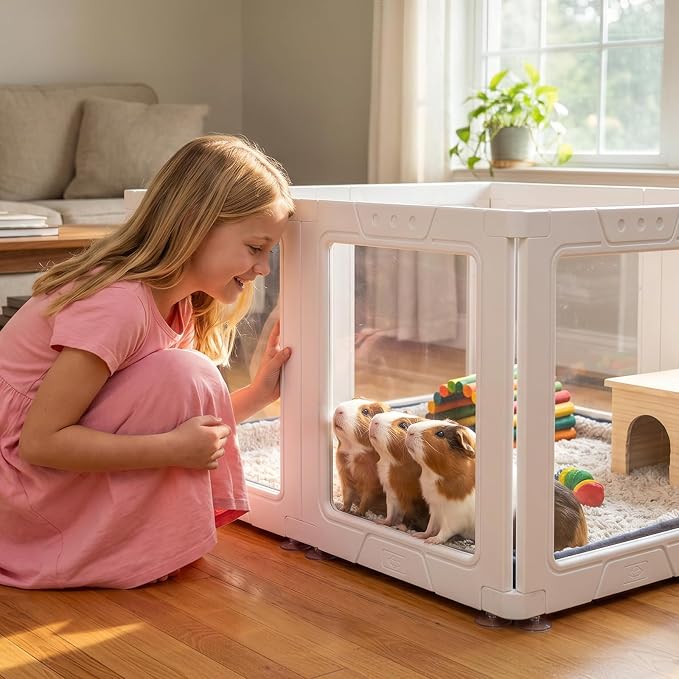 JEKO&JEKO Clear Acrylic Dog Playpen Indoor, Transparent Pet Play Pen for Puppies, Small Dogs, Cats & Rabbits, Easy Assemble Plastic Dog Fence, Easy to Clean (White, 12 Panels)