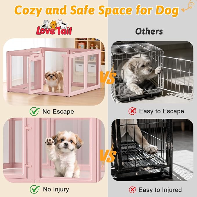 Acrylic Dog Playpen Indoor, LoveTail Puppy Playpen, Pink Dog Play Pen Indoors for Small Dog, Easy Assembly, Easy Cleansing Puppy Fence Kennel Whelping Cage(Skin Pink, 23.6" H, 8PCS)