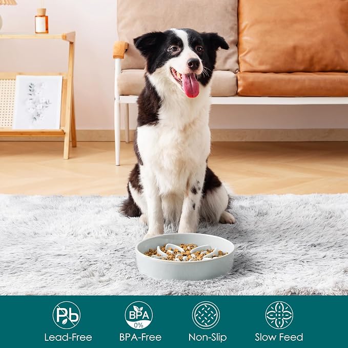 vancasso Ceramic Slow Feeder Dog Bowls, Puzzle Dog Food Bowls with Floral Maze, Anti -Slip Pet Food Dish for Large Breed, 3 Cups, Grayish Cyan