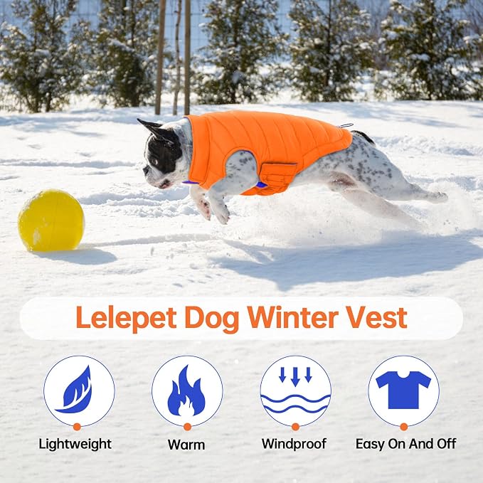 Lelepet Reversible Dog Coat Windproof Dog Puffer Jacket Lightweight Vest | Soft Puffer Vest Warm Winter Coats for Small Dogs Adjustbale Hook & Loop Pet Apparel with Leash Hole, Shih Tzu, Orange, S