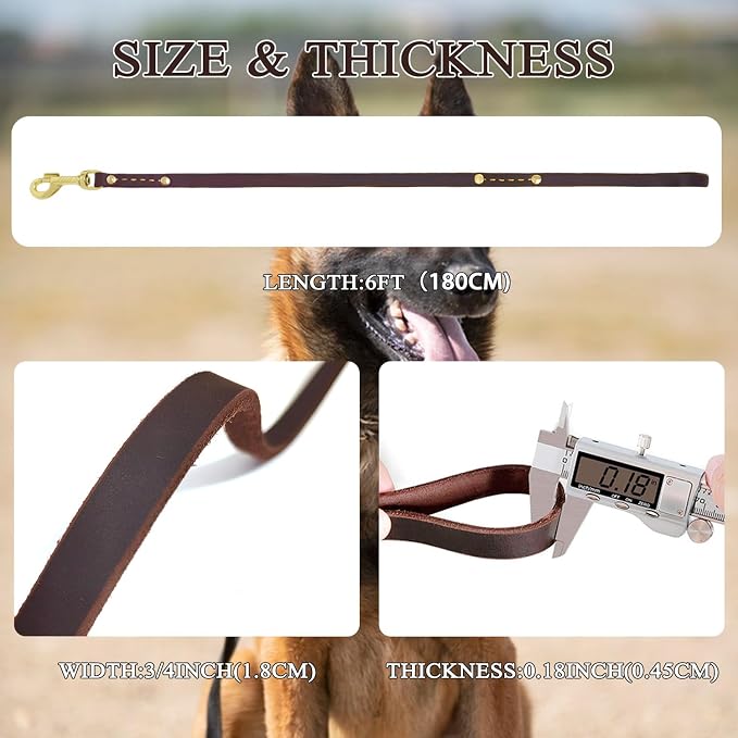Heavy Duty Leather Dog Leash 6 ft x 3/4 inch, Genuine Leather Dog Training Leash, Soft and Strong Leashes for Medium and Large Dogs Brown