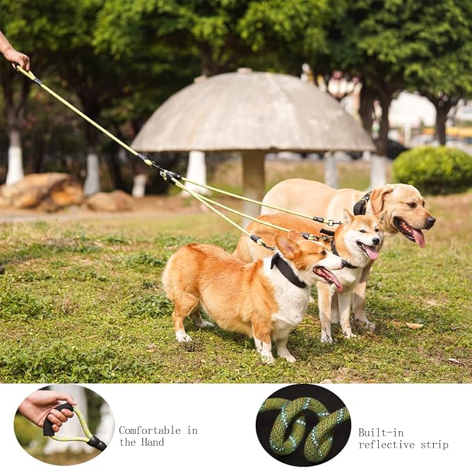 3 Dog Leash - Padded Handle, 360° Swivel Multiple Dog Leash No Tangle, Lead for Medium Large Dogs, Walking & Training Double Dogs (Green Blue)
