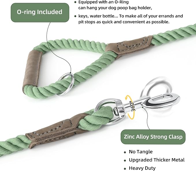 Mile High Life Dog Leash Braided Cotton Rope w/Leather-Wrapped Ends/Handle | Rust-proof 360° swivel clasp, Heavy-duty for medium/large breeds. Great for weddings, daily walks (6 FT, 1/2", Green)
