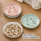 Melamine Cat Slow Feeder Bowl Set - Floral Maze Food Dishes for Cats and Small Dogs - Shallow Wide Plates for Dry & Wet Food - 3 Pack - White & Pink & Green