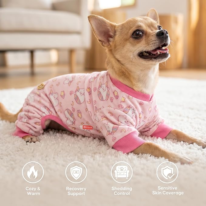 KYEESE Dog Pajamas Velvet Dog Pajamas Small Sized Dogs Soft Dogs Clothes Pet Coat Stretchy Doggie Pjs Pet Costume with Pink Unicorn Pattern Comfy Doggie Jammies Onesie, Medium
