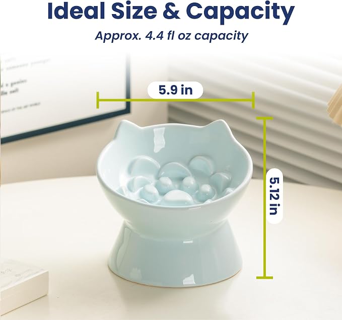 Lynx Ceramic Raised Slow Dog & Cat Elevated Food Bowl, Sky Blue | Tilted 15° Elevated Pet Food Bowl, Whisker-Friendly, Anti-Choking Dish, Dishwasher Safe, Nonslip, Food Grade Material