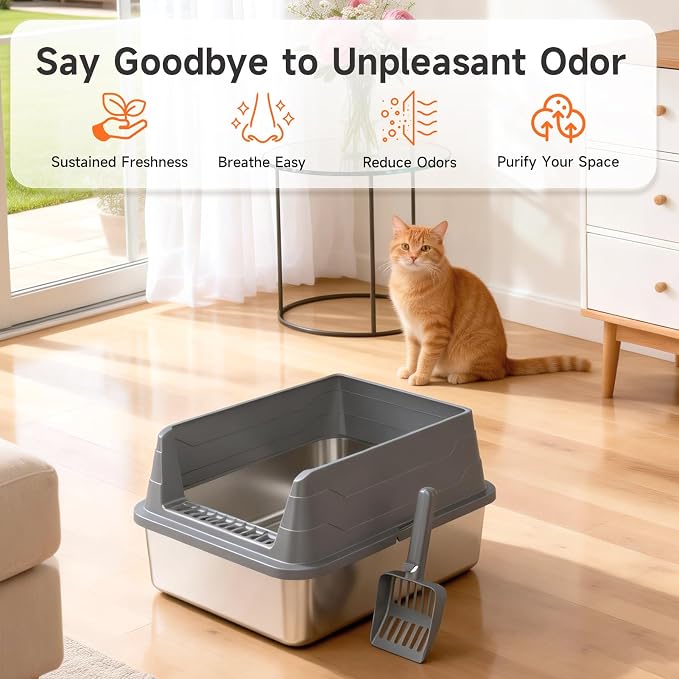 Stainless Steel Cat Litter Box Low Entry Litter Pan Include Scoop | Odor Free Metal High Sides Lid Open Top Easy Cleaning Anti-Scratc Anti-Urine Leakage Non-Sticky