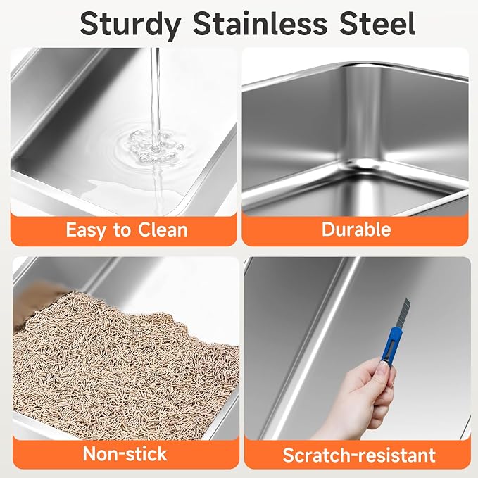 Stainless Steel Cat Litter Box Low Entry Litter Pan Include Scoop | Odor Free Metal High Sides Lid Open Top Easy Cleaning Anti-Scratc Anti-Urine Leakage Non-Sticky