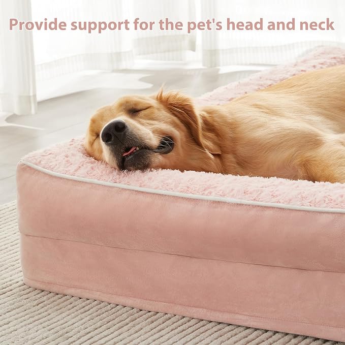 BFPETHOME Orthopedic Washable Dog Bed, Sleeping Couch for Large Senior Dogs | 36x27 Inch Deluxe Plush Rose Velvet Washable Cover, Egg Crate Foam Support, Waterproof Lining, Non-Slip Bottom, Pink