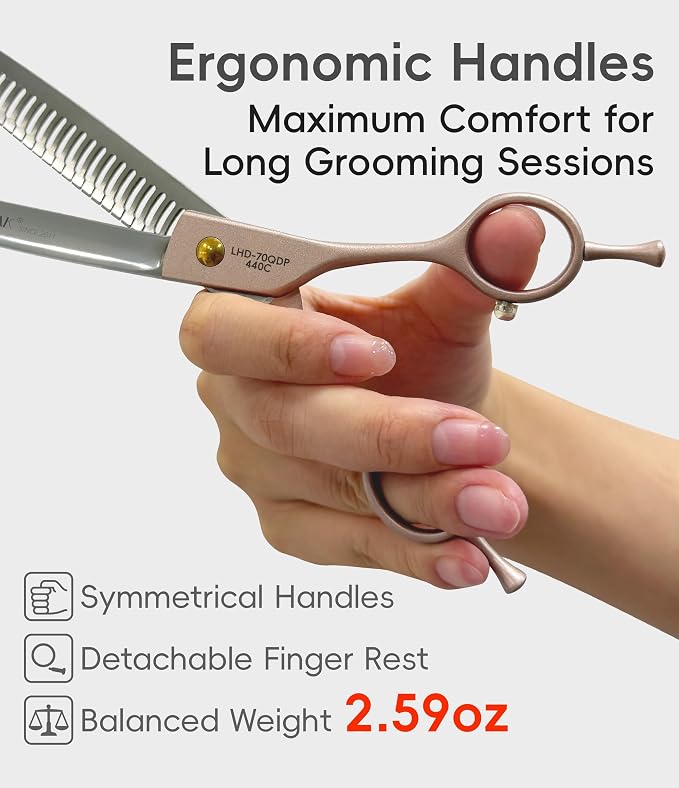 Professional Curved Chunker Dog Grooming Scissors 7.0'' Rose Gold Thinning Shears Extremely Sharp Blades 440C Stainless Steel Thinning Shears Durable Smooth Fine Cut for Dogs and Cats.