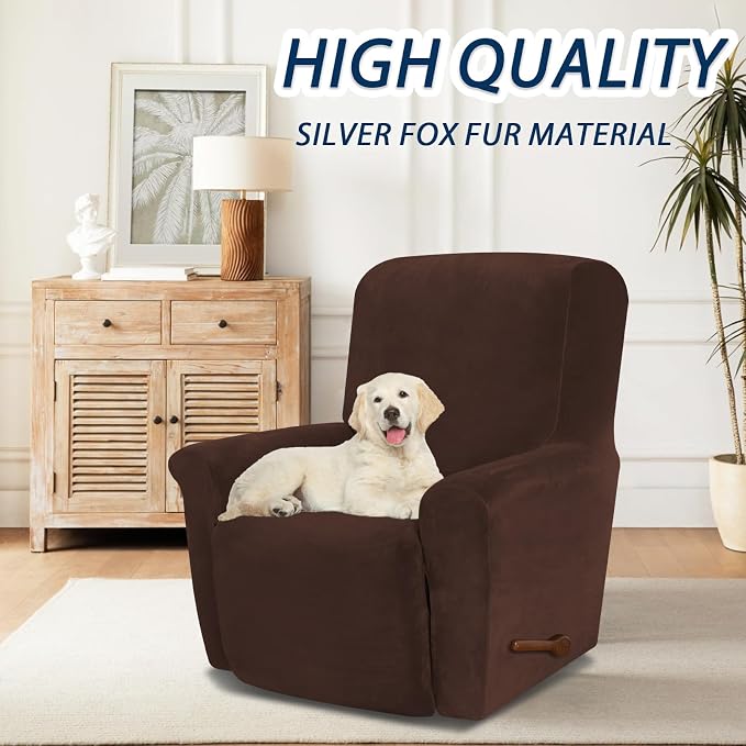 Asnomy Stretch Recliner Chair Covers with Pockets 1-Piece（Chocolate） | Velvet Washable Elastic Luxury Plush Reclining Furniture Protector for Dogs Cats or Lazy Boy Recliner Covers