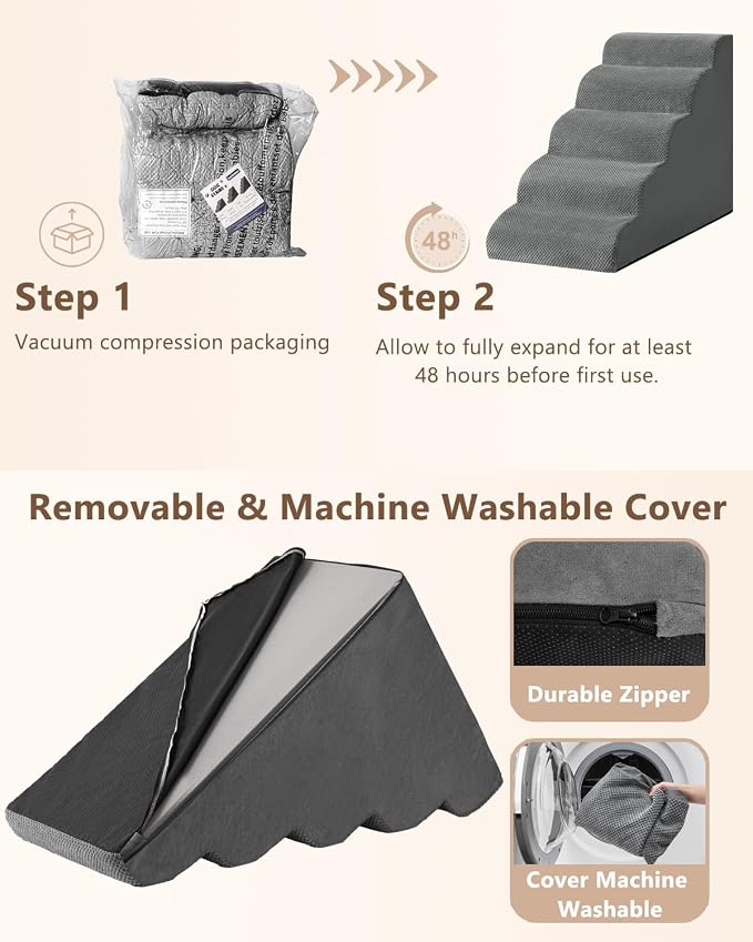 Aodisman Dog Stairs for High Beds,5 Step Pet Ramp for Dogs and Cats,22.4" H | High-density foam dog steps for beds and window sills, with a non-slip bottom for puppy and older cat,comfortable,Grey