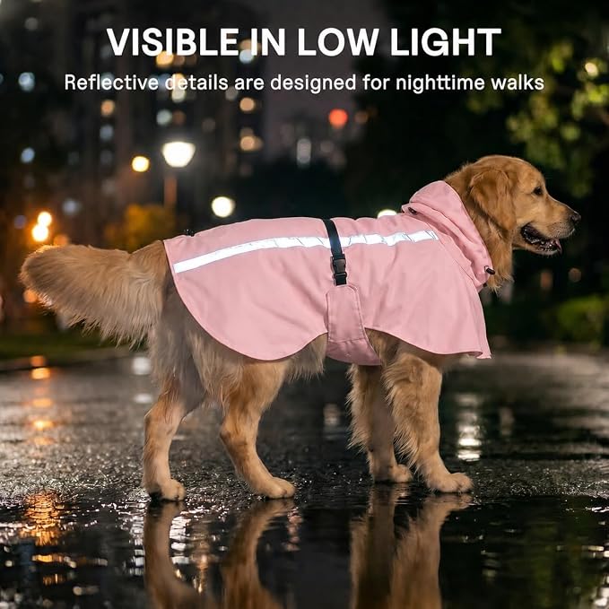 Stretch Fabric Dog Raincoat with Hood, Reflective Rain Poncho for Medium Large Dogs, Adjustable Waterproof Dog Rain Jacket with Leash Opening, Pink, Large