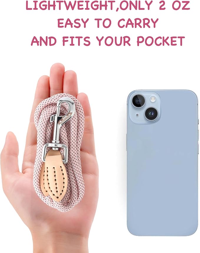 Mile High Life Dog Leash with Genuine Leather Connection, Thin Lightweight | Rope Leash, Heavy Duty 360° Swivel Metal Clasp, for Small Medium & Large Dogs Walking (Pink, 48 Inch-1/3)