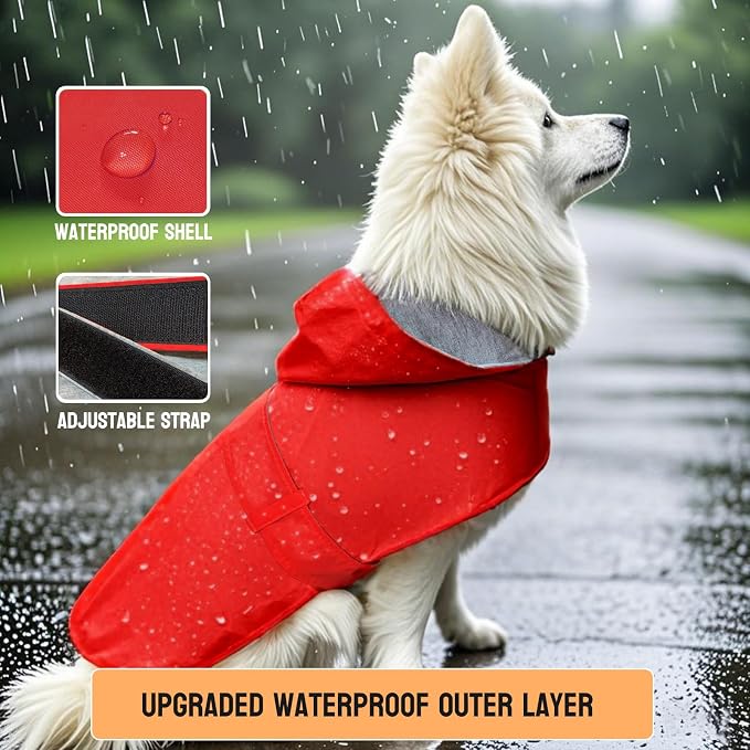 Dog Raincoat Dog Rain Jacket Hooded Poncho Waterproof Pet Rain Suit Double-Layered Breathable Lining Leash Hole Adjustable Puppy Small Medium Dogs,Red,XXL,Back Length 15-17.5 inches
