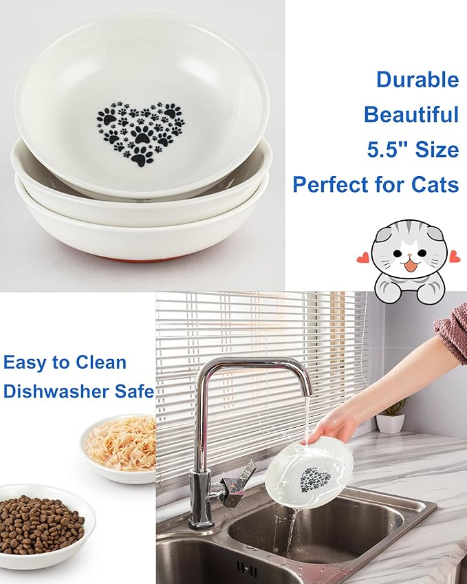 Ceramic Cat Bowl Whisker Friendly, Non-Slip Cat Food Bowls 6-Pack | Whisker Fatigue Cat Dishes, Shallow Wide Cat Plate, Lead-Free, Silicone Base, Microwave Dishwasher Safe, Wet Dry Food Water