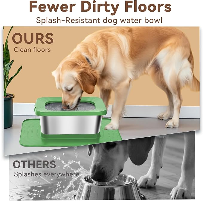 10L No Spill Dog Water Bowl, 2.6 Gal Stainless Steel No Splash Large Dog Water Bowl with Non-Slip Silicone Mat, Spill Proof Slow Drinking Pet Bowls for Messy Drinkers Indoor/Outdoor Use Green