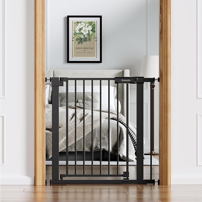 Babelio Baby Gate for Doorways and Stairs, 31-36" Pet Gate with Wide Door | Pressure/Wall Mount; Triple-lock System; Auto-close; 200N Impact Tested; Easy Install for Doorways, Kitchen, Hallway, Black