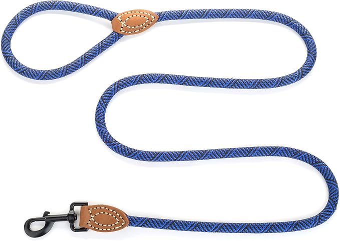 Mile High Life Dog Leash with Genuine Leather Connection, 6 FT/5 FT/4 FT | Rope Leash, Heavy Duty 360° Swivel Metal Clasp, for Small Medium & Large Dogs (Blue, 48 Inch)