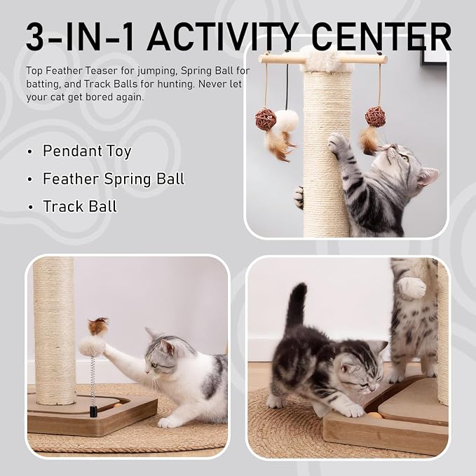 PEEKAB Cat Scratching Post for Indoor Adult Cats and Kittens,33 Inches Tall Large Sisal Scratch Post with Track Ball Toys,Cat Scratcher Toy Beige