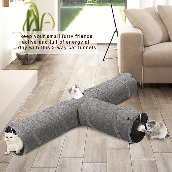 Ownpets 10" Large Cat Tunnel 3-Way T-Shape Oxford Fabric for Large Cat | Silent oxford fabric no noise, expandable 3-channel design, with plush ball ,feather wand, peek hole, for multi-cat household