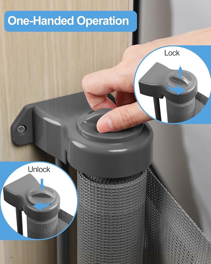 Retractable Baby Gate for Stairs – 33” Height, Expands up to 118” Width – Safety Gate for Infants, Toddlers, Dogs & Pets – Easy Install, Secure Closure, Gray Mesh Design for Indoor & Outdoor Use