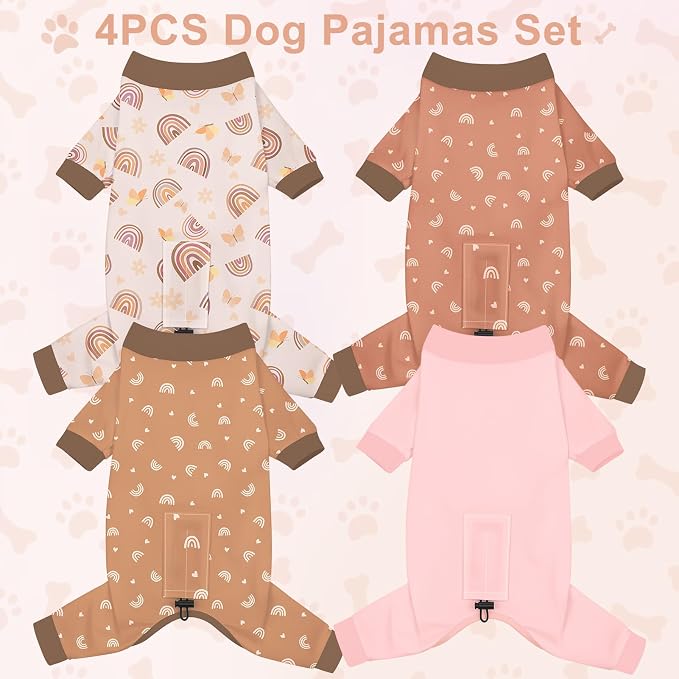 Bienbee Dog Pajamas, 4 Pack Adjustable Onesies for Small to Large Dogs XS | Dog Shedding Suit with Soft Fabric, Breathable & Stretchy, and Adjustable Back Length for Sleeping Lounging and Daily Use