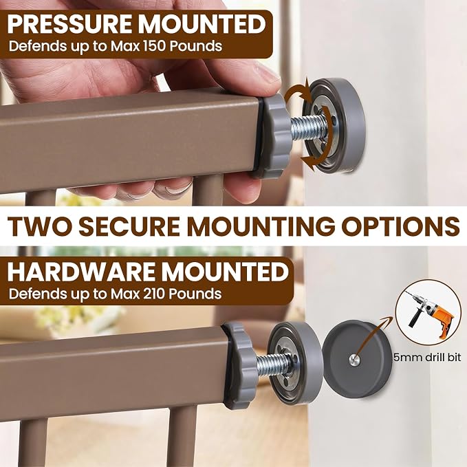 Mumeasy 29.7–48" Baby Gate for Stairs, Dog Gate for Doorways, Auto Close Child Gate, Indoor Safety Pet Gate with Walk Thru Door, Easy Install Pressure Mounted Extra Wide Gate for Kitchen, House, Brown
