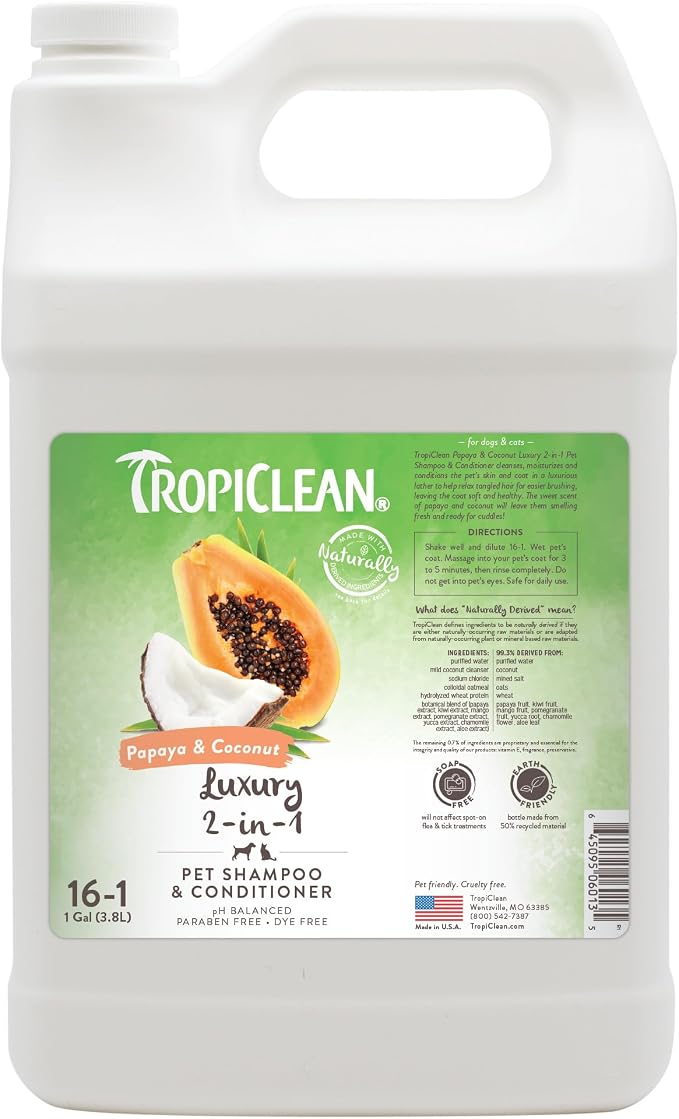 TropiClean 2-in-1 Dog Shampoo and Conditioner, Professional Dog Shampoo, Moisturizing Detangler, Puppy Safe, Made in USA, Papaya Scent, 1 Gallon