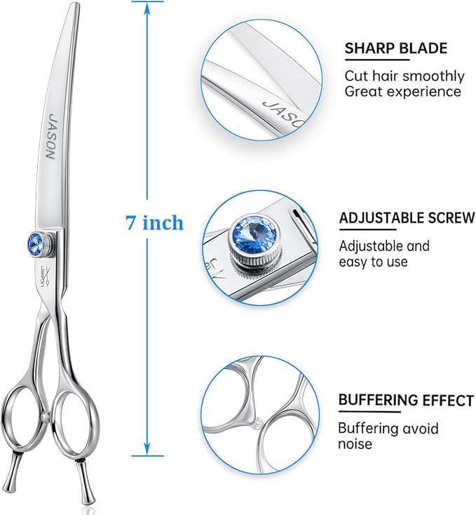 JASON Curved Dog Grooming Scissors - 7" Cats Trimming Shears Right Handed | Ergonomic Pets Shear with Offset Handle and a Jewelled Screw for Right Handed Groomers, Sharp, Comfortable, Gift
