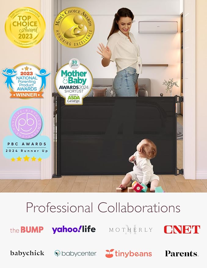 Momcozy Retractable Easy-to-Use Mesh Baby Gate | 33-Inch Tall, Extends to 55-Inch Wide, for Stairs, Doorways, Hallways, for Pet Dogs and Cats, Indoor/Outdoor Baby Gate