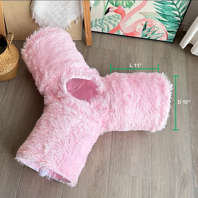 3-Way Collapsible Cat Tunnel Tube Toy Pink Plush | Interactive Play Tunnel with Hanging Ball & Peek Hole for Indoor Cats, Kittens, Puppies & Rabbits | Hours of Fun & Exercise