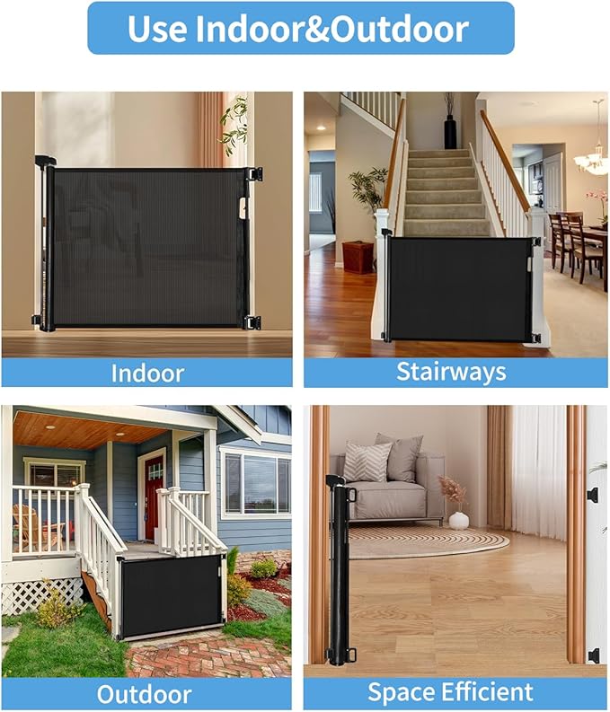 2-Pack Retractable Baby Gate for Stairs-33”Height, Expands up to 55”Width-Safety Gate for Infants, Toddlers, Dogs & Pets-Easy Install, Secure Closure, Black Mesh Design for Indoor & Outdoor Use