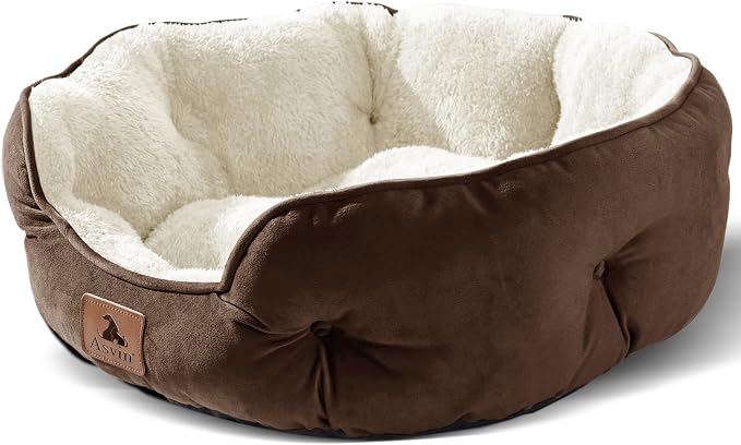 Asvin Medium Dog Bed for Medium Dogs, Cat Beds for Indoor Cats, Pet Bed for Puppy and Kitty, Extra Soft & Machine Washable with Anti-Slip & Water-Resistant Oxford Bottom, Brown, 25 inches