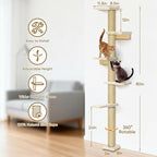 PAWSCRAT 5-Tier Wall-Mounted Cat Tree, 80-Inch Sisal Post, PureWhite | Cat Tower for Indoor Cats, Cozy hammock and Durable Sisal Post Give Cats Vertical Space to Jump, Climb, Scratch and Rest.