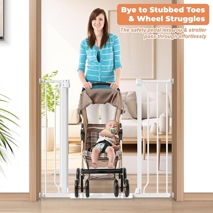 34" Tall Baby Gate No Drilling, Auto Close Dog Gate Indoor, White | for Doorways & Stairs, Pressure Mounted 29"-40" Wide Pet Gate, Easy Walk Through Stair Gate for Baby & Pet Stroller Friendly