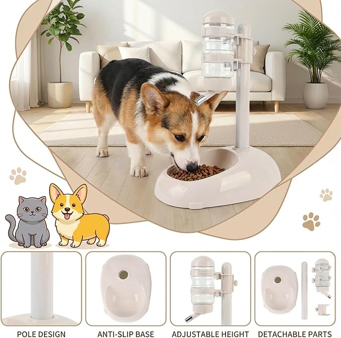 Pet Standing Water Dispenser Feeder, 500ml Dog Water Feeder Bottle Adjustable Raised Pet Food Bowl for Dogs Detachable Bottles Easy Cleaning (Beige)