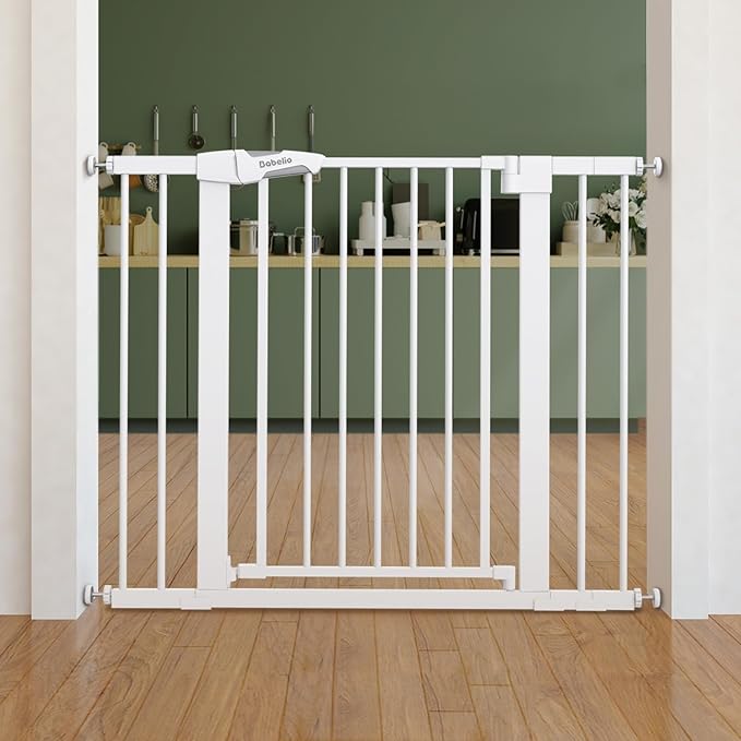 Babelio Pressure Mounted Baby Gate for Stairs, 26-40" Wide Dog Gate Indoor | Triple-lock system; Pressure/wall mount; Auto-close; 200N impact tested; Easy Install for Doorways, Kitchen, Hallway, White