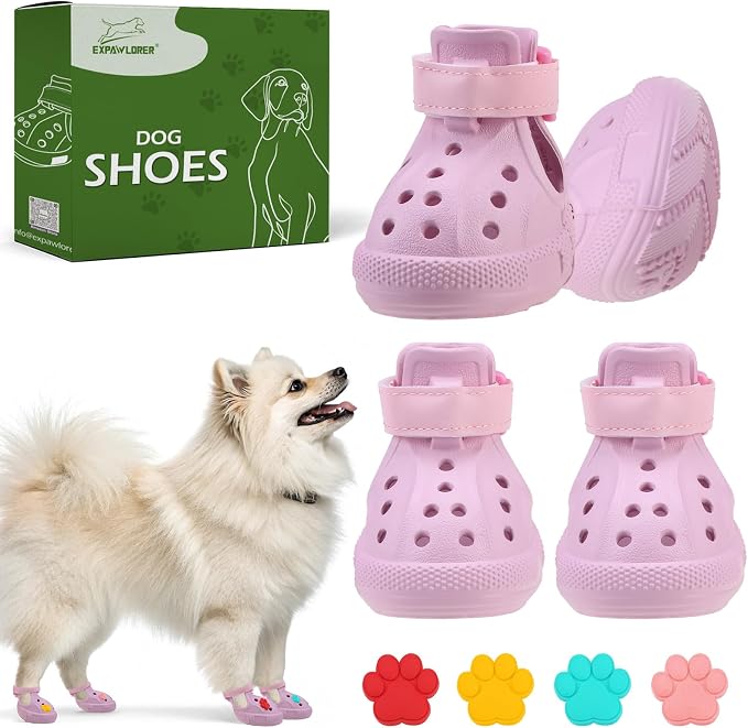 EXPAWLORER EVA Dog Shoes for Hot Pavement, Non-Slip Waterproof Reflective Adjustable Dog Booties Boots & Paw Protectors, Easy ON & Off Rugged Sole for Small Medium Large Dog Outdoor Walking (Pink,7)