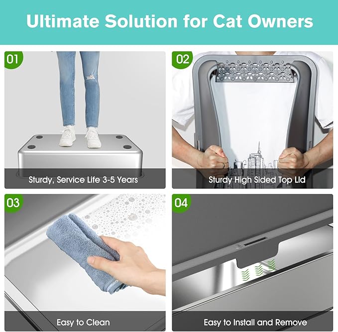 2PACK Stainless Steel Cat Litter Box with High Sides Lid, Extra Large XL Litter Box for Big Cats, Metal Kitty Litter Boxes with Anti-Leakage Enclosure,Non-Stick,Odorless,Scoop Included