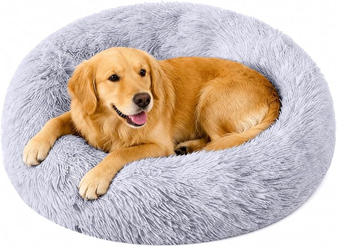 Large Calming Dog Bed for Large Dogs, Ultra Soft Fluffy Anti Anxiety Pet Bed, Plush Round Washable Donut Dog Bed with Raised Rim for Golden Retriever, Husky, Labrador & Indoor(Light Grey, 36 Inch)