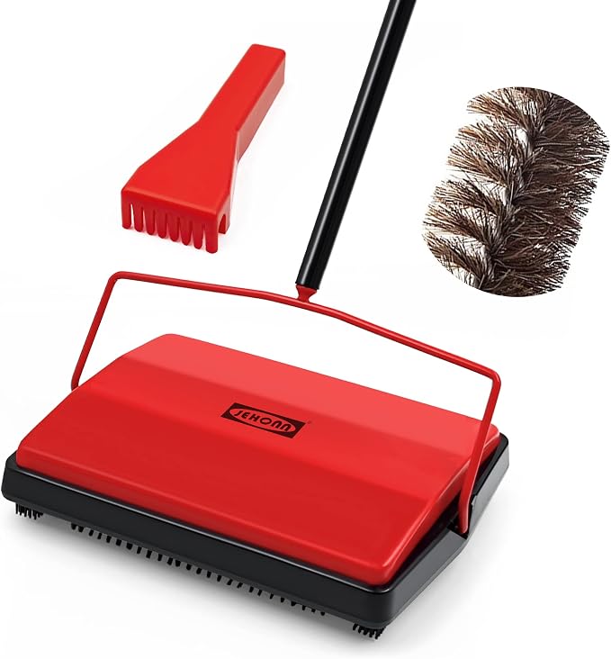 JEHONN Carpet Floor Sweeper Manual with Horsehair, Non Electric Quite Rug Roller Brush Push for Cleaning Pet Hair, Loose Debris, Lint (Red)