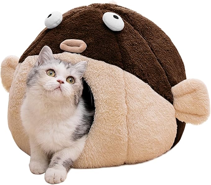 Cat Beds for Indoor Cats-Cat Bed Cave,Cute Lively Pufferfish Shape,Brown L | 2 in 1 Cats House for Kitten with Removable Washable Cushioned Pillow,Soft plush Cat Tent for cat Hideaway,Machine Washable