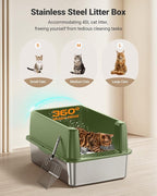 XL Stainless Steel Litter Box, Large Metal Cat Litter Box with High Sided for Big Cats, Enclosed Litter Boxes with Lid, Easy-Clean Cat Litter Mat & Scoop Kit, Non Sticky, Anti-Urine Leakage