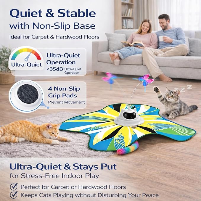 Interactive Cat Toy for Indoor Cats, Rechargeable 3-in-1 Hide and Seek Cat Toy with Spinning Butterfly & Plush Tail, Ultra-Quiet Touch Activated Self Play Cat Exercise Toy for Adult Cats & Kittens | Touch Activated, Spinning Butterfly, Plush Tail, Ultr...